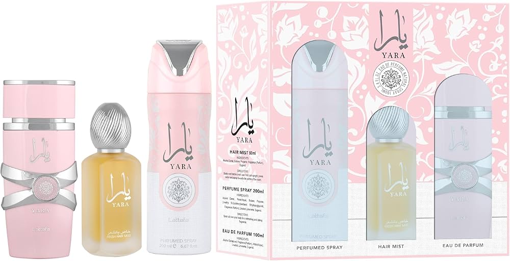 Lattafa Yara for Women 3 Piece Set (3.4 Oz Eau de Parfum Spray + 1.7 Oz Hair Mist + 6.7 Oz Deodorant Spray)