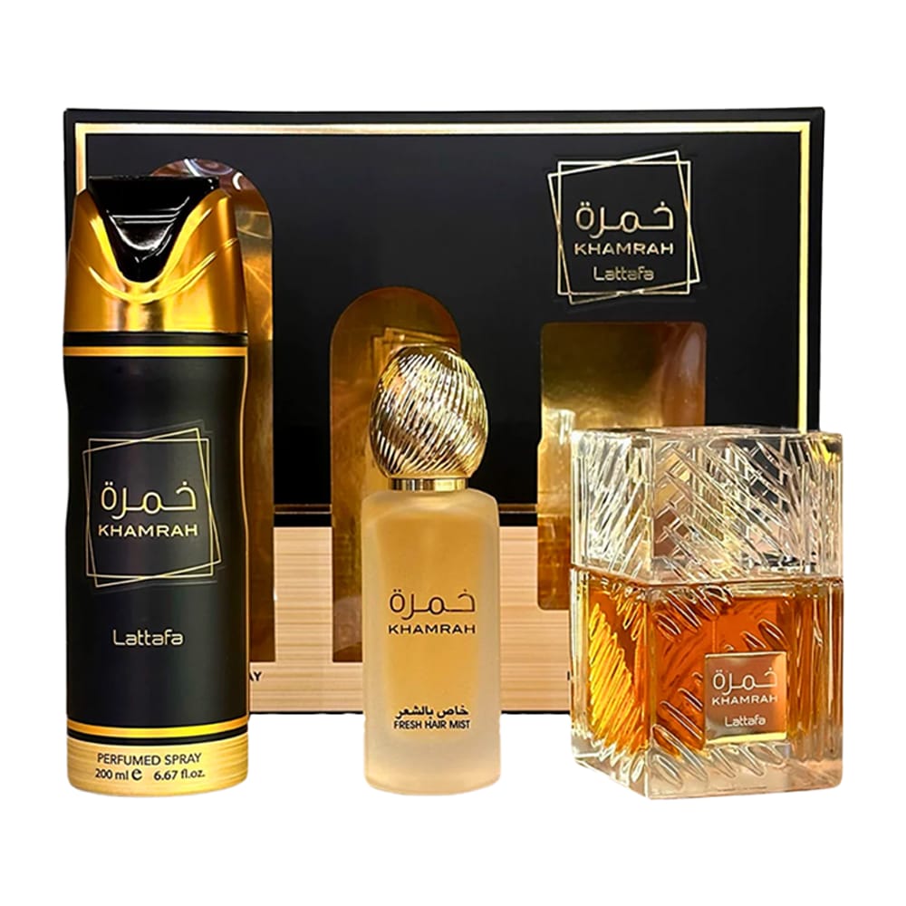 Lattafa Khamrah 3pc SET EDP Spray3Pc Khamrah 3.4 Edp+6.67 Deo Spy+1.7 Hair Mist (U)